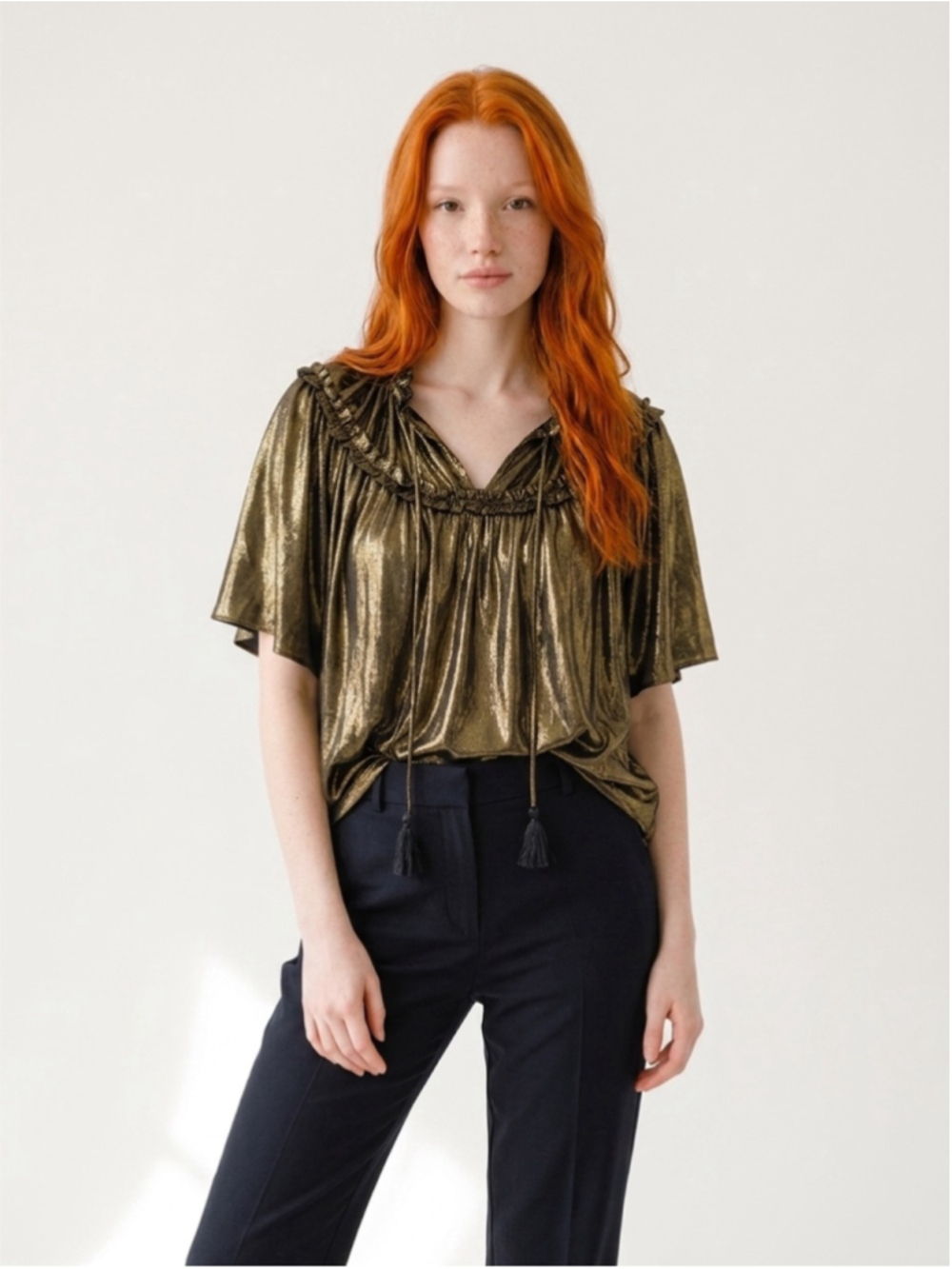 Metallic Gold Short-Sleeve Ruffled V-Neck Top